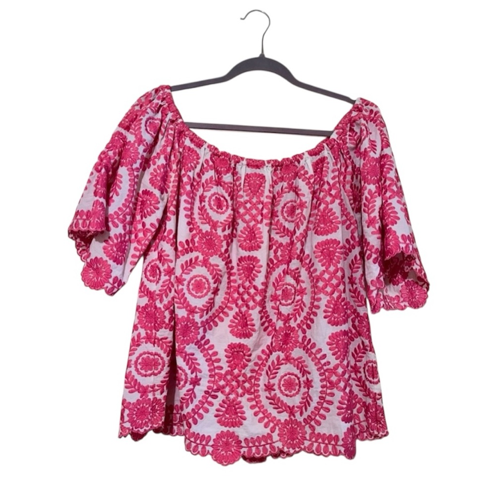 V Christina Pink Embroidery Scalloped Off The Shoulder Short Sleeve Blouse Shirt